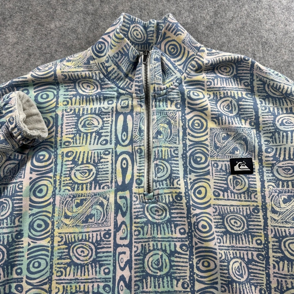 Quiksilver Sweatshirt Womens S Blue Geometric Tribal Print Cropped Quarter Zip